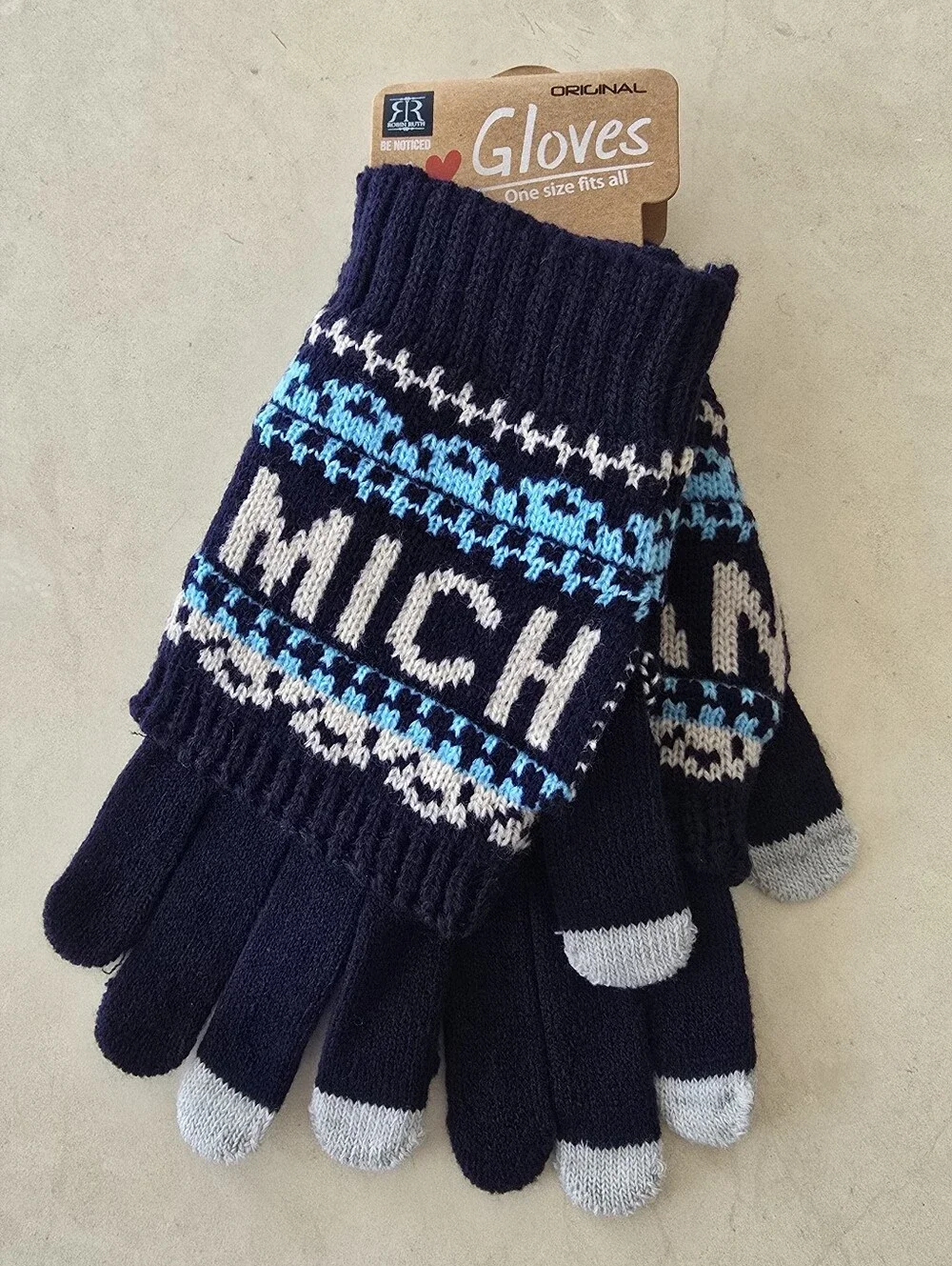 NWT Michigan Knit Finger Gloves - Navy Blue and Cream With Fair Isle Accent - OS